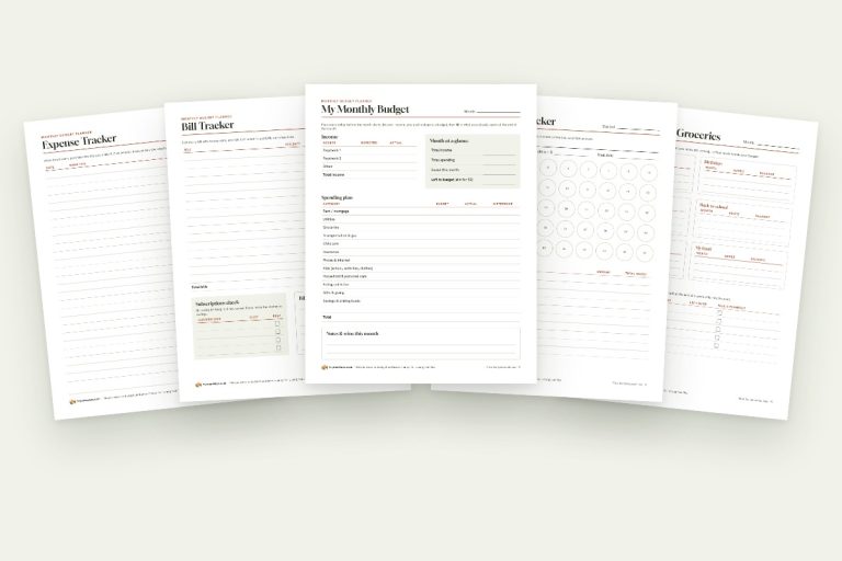 The five pages of the free Monthly Budget Planner side by side: monthly budget, expense tracker, bill tracker, savings goal tracker and sinking funds.
