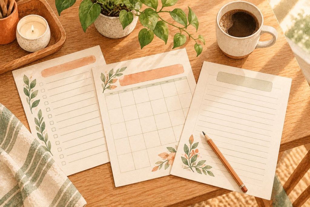 Watercolor illustration of three printed planner pages (a checklist, a calendar grid and a lined page) on a wooden table with a pencil, a cup of coffee and a potted plant.