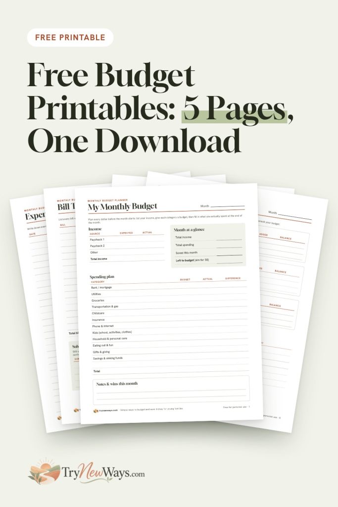 Pin: Free Budget Printables, 5 pages, one download. The monthly budget page in front of the expense tracker, bill tracker, savings goal and sinking funds pages.