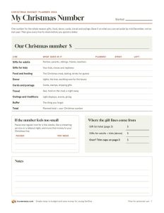 Page 1 of the Christmas Budget Planner 2026: one Christmas number at the top, then planned, spent and left columns for gifts, food and hosting, decor, cards and postage, travel, outings and a buffer.