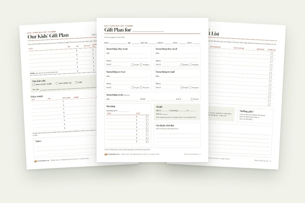 The three pages of the free Kids' Christmas Gift Planner: a gift plan with a cap for each child, a want, need, wear and read page with a stocking list, and a relatives' gift list.