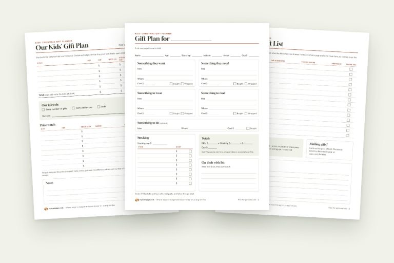 Christmas gifts for kids on a budget, planned on the three pages of the free Kids' Christmas Gift Planner: a gift plan with a cap for each child, a want, need, wear and read page with a stocking list, and a relatives' gift list.