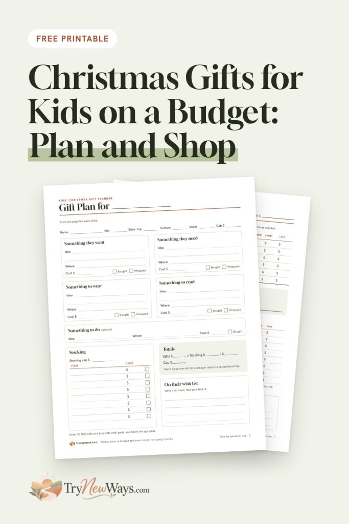 Christmas gifts for kids on a budget, plan and shop. Page 2 of the free Kids' Christmas Gift Planner, with boxes for something they want, need, wear and read, over the kids' gift plan page.