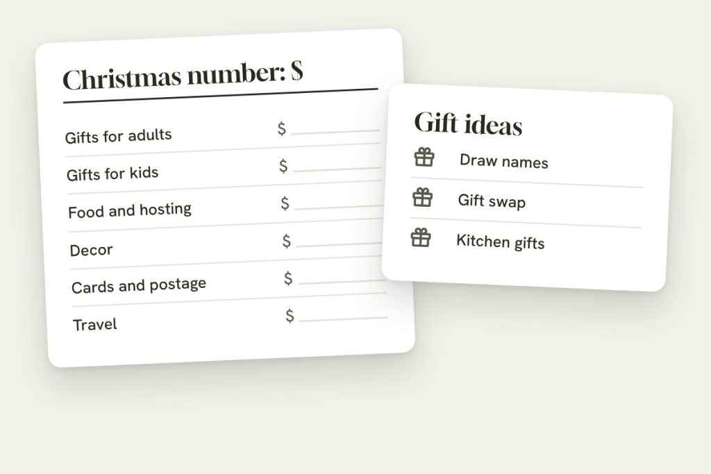 A blank Christmas budget card with a dollar blank for gifts for adults, gifts for kids, food and hosting, decor, cards and postage, and travel, next to a card of gift ideas: draw names, gift swap, kitchen gifts.