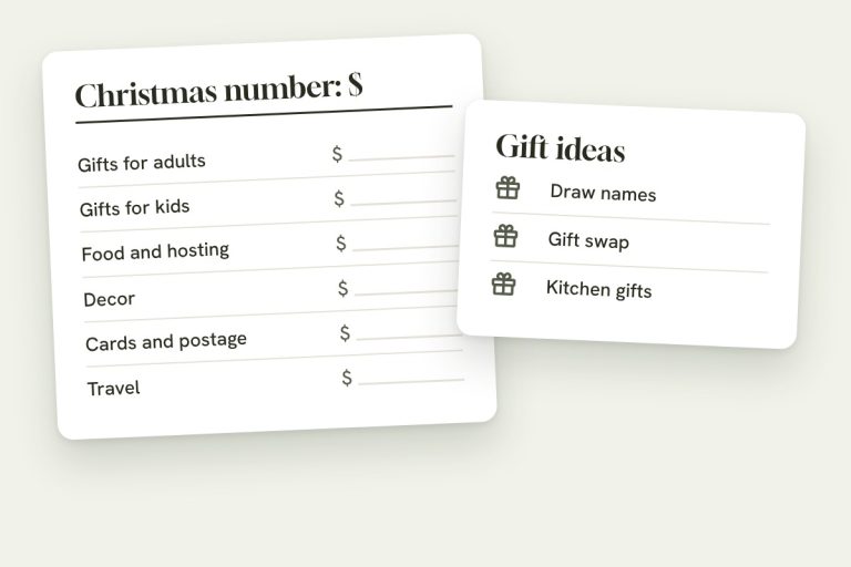 A blank Christmas budget card with a dollar blank for gifts for adults, gifts for kids, food and hosting, decor, cards and postage, and travel, next to a card of gift ideas: draw names, gift swap, kitchen gifts.
