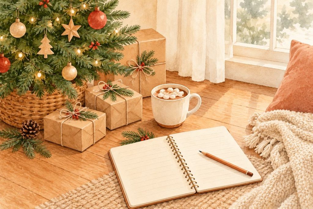 Watercolor illustration of a small Christmas tree with gifts wrapped in brown kraft paper and twine, a mug of cocoa and an open notebook with a pencil on a wooden floor.