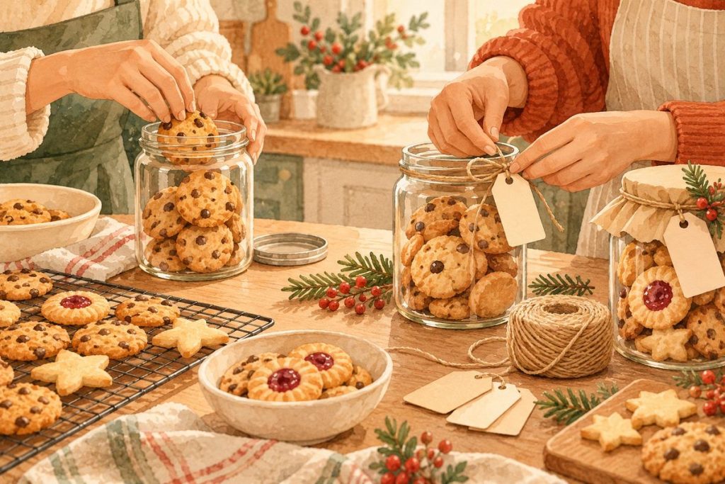 Watercolor illustration of two people filling glass jars with homemade cookies at a kitchen table, with twine, blank gift tags and a cooling rack.