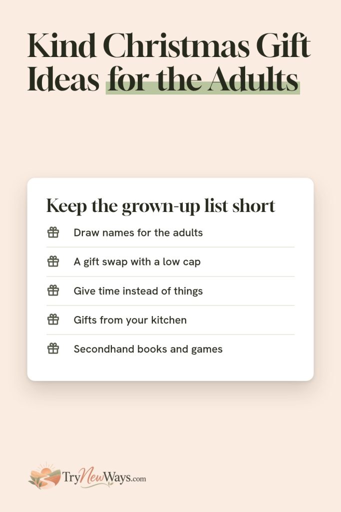 Pin: Kind Christmas gift ideas for the adults. A card with five ideas: draw names, a gift swap with a low cap, give time instead of things, gifts from your kitchen, secondhand books and games.
