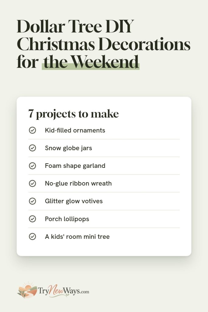 Dollar Tree DIY Christmas decorations for the weekend. Seven projects: kid-filled ornaments, snow globe jars, foam shape garland, no-glue ribbon wreath, glitter glow votives, porch lollipops and a kids' room mini tree.