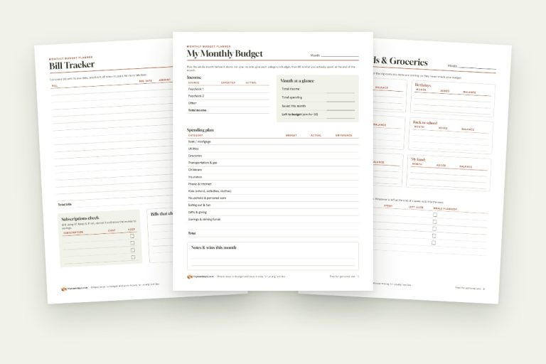 Three pages of the free Monthly Budget Planner in the order you fill them in: the bill tracker, the monthly budget page and the sinking funds and groceries page.