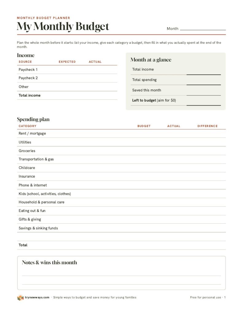 Page 1 of the free Monthly Budget Planner, a printable family budget sheet