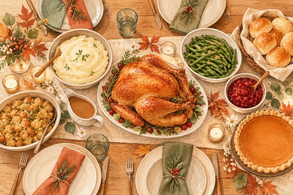 Watercolor illustration of a family Thanksgiving table seen from above: a roast turkey in the middle, mashed potatoes, green beans, stuffing, cranberry sauce, gravy, a basket of rolls and a pumpkin pie.