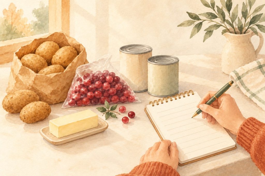 Watercolor illustration of hands writing a shopping list in a notepad on the kitchen counter, next to a bag of potatoes, a bag of cranberries, two cans and a stick of butter.